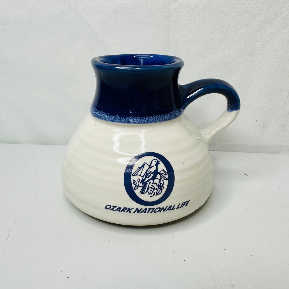 Ozark National Life Pottery Mug Blue White Drip Glaze Wide Base Captains Cup